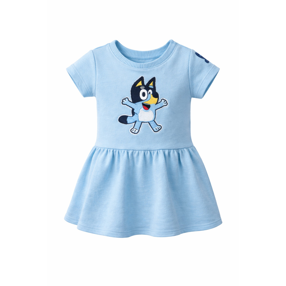 Bluey Toddler Dress Embroidered Character Skater Twirl Blue Fleece 3T